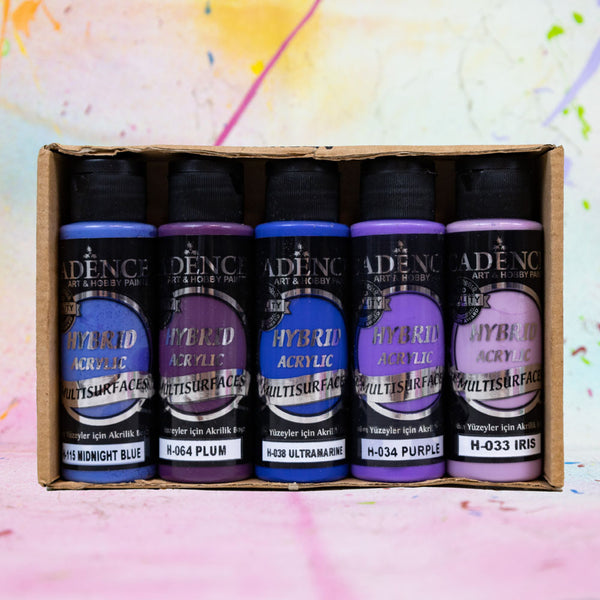 A set of vibrant acrylic paints.